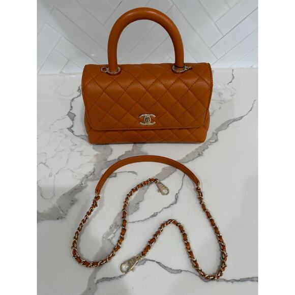 Chanel 21A Caramel Brown Caviar Mini Small Coco Handle CC Quilted Chain Flap Bag - Picture 6 of 16